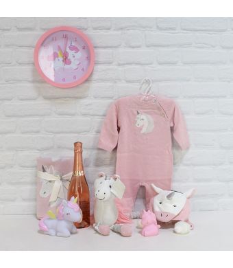 CUTE UNICORN BABY GIFT SET WITH CHAMPAGNE, baby girl gift basket, welcome home baby gifts, new parent gifts
