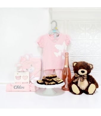 AN EXPRESSION OF JOY BABY GIFT SET WITH CHAMPAGNE, baby girl gift basket, welcome home baby gifts, new parent gifts
