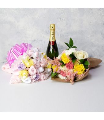 BABY GIRL BOUQUET GIFT SET WITH CHAMPAGNE, baby girl gift hamper, newborns, new parents
