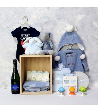 BABY BLUE CELEBRATION GIFT SET WITH CHAMPAGNE, baby boy gift hamper, newborns, new parents