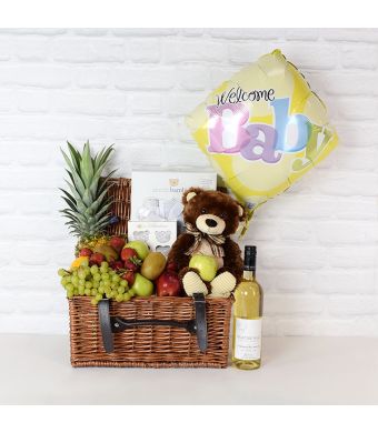 Newborn Essentials Gift Basket with Wine, baby gift baskets, wine gift baskets
