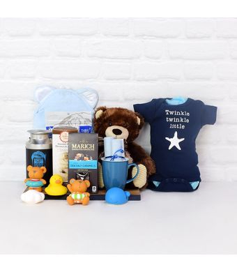 SOFT & SNUGGLY BABY BOY BATH TIME SET, baby gift basket, welcome home baby gifts, new parent gifts
